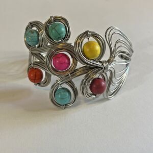Women’s Cuff Bracelet Large Silver Tone Loop Wired Multi Color Beaded Boho Open